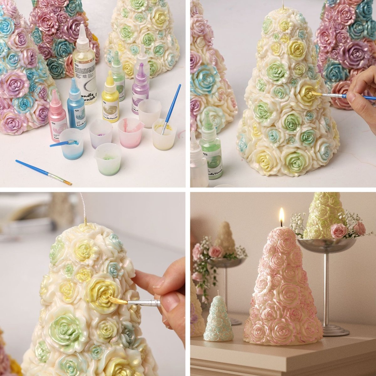 Collage of pastel rose tree candles being hand-painted with soft mica colors and displayed lit in a romantic decor setting - Boowan Nicole