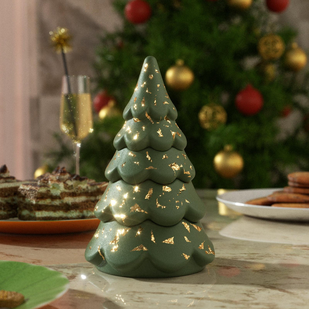 Green with Gold Leaf Blooming Stacking Christmas Tree Candle Jar adds a festive touch to any holiday table - Boowan Nicole