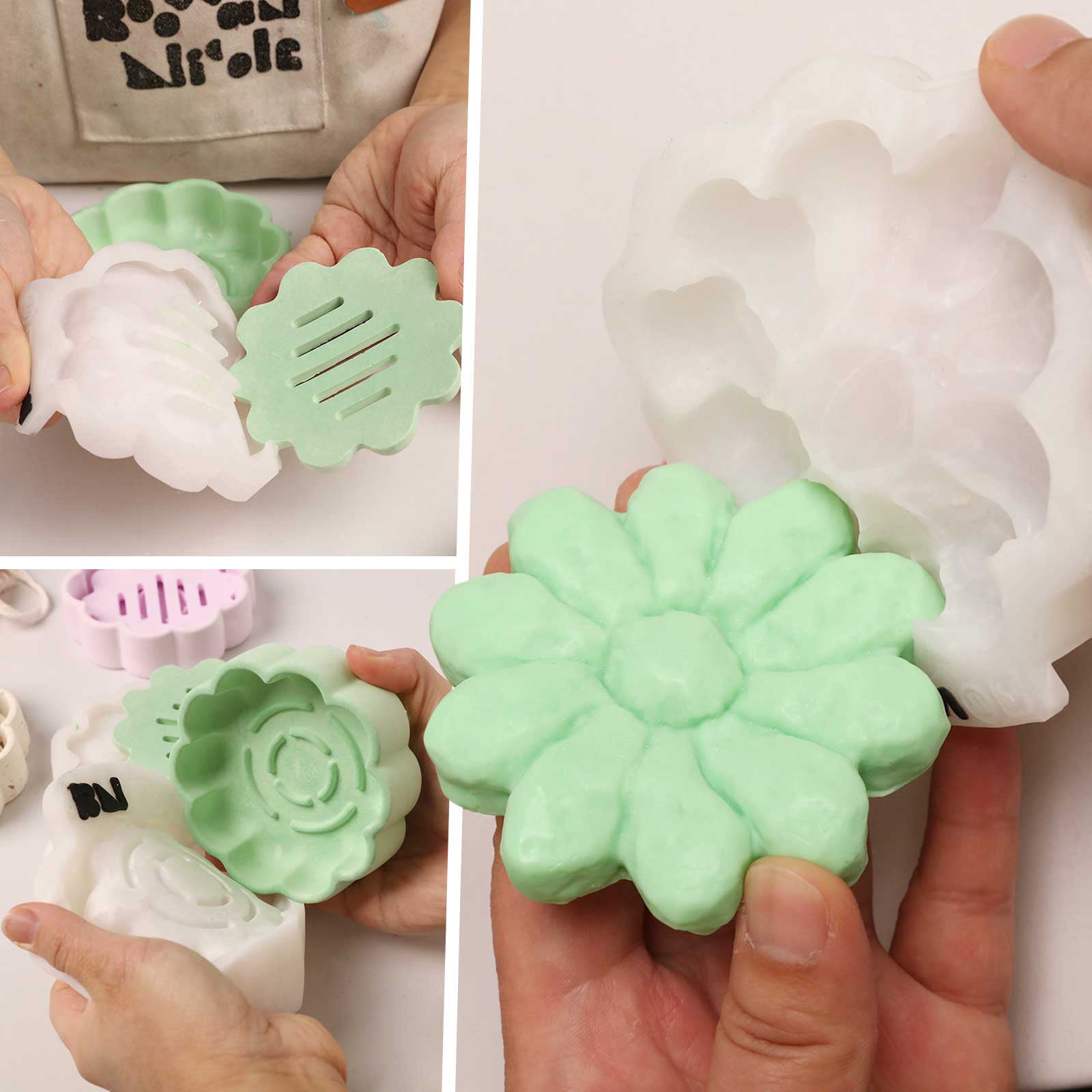 Demolding a finished light green flower-shaped soap from a clear acrylic mold - Boowan Nicole