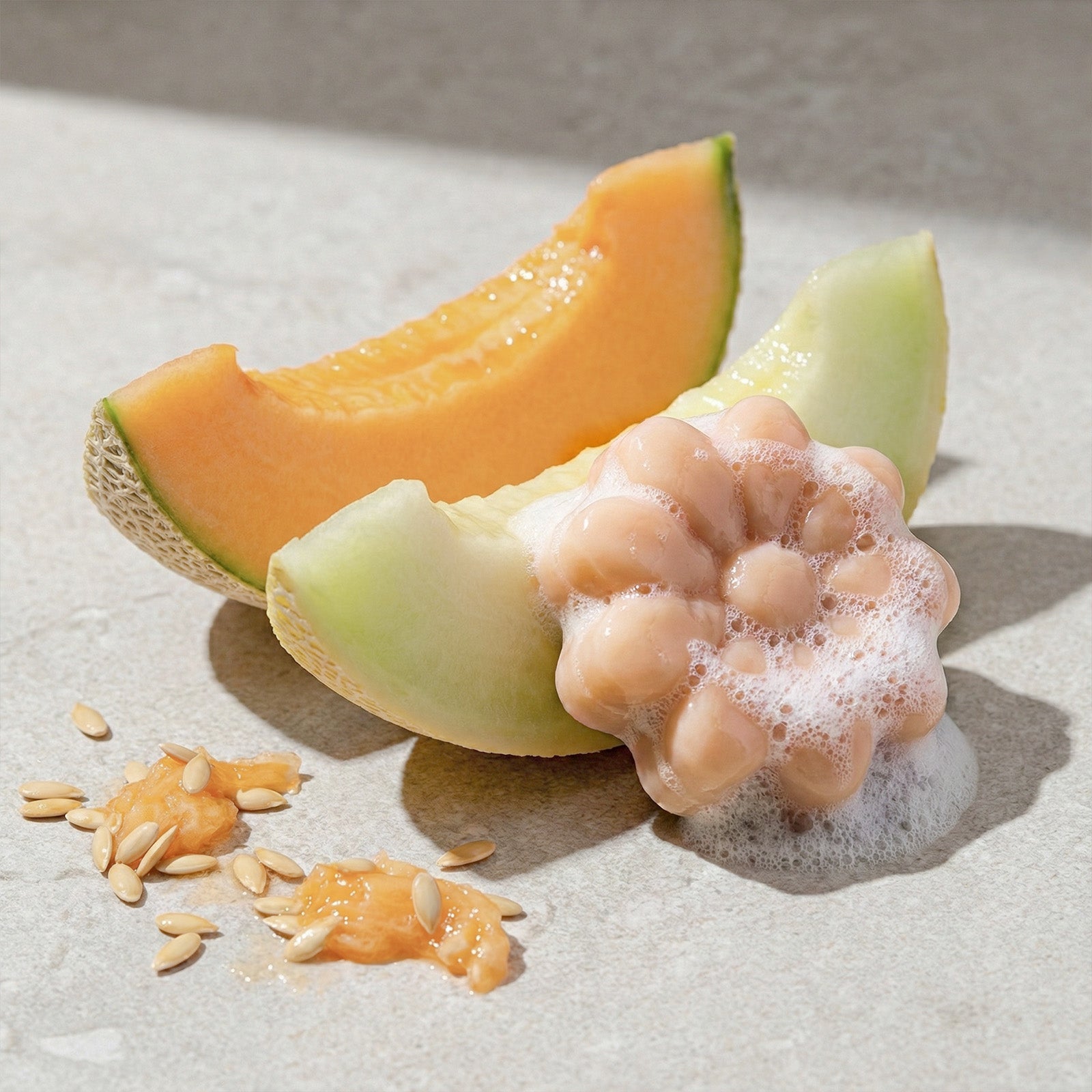 Beige flower-shaped soap with lather placed on fresh cantaloupe slices - Boowan Nicole