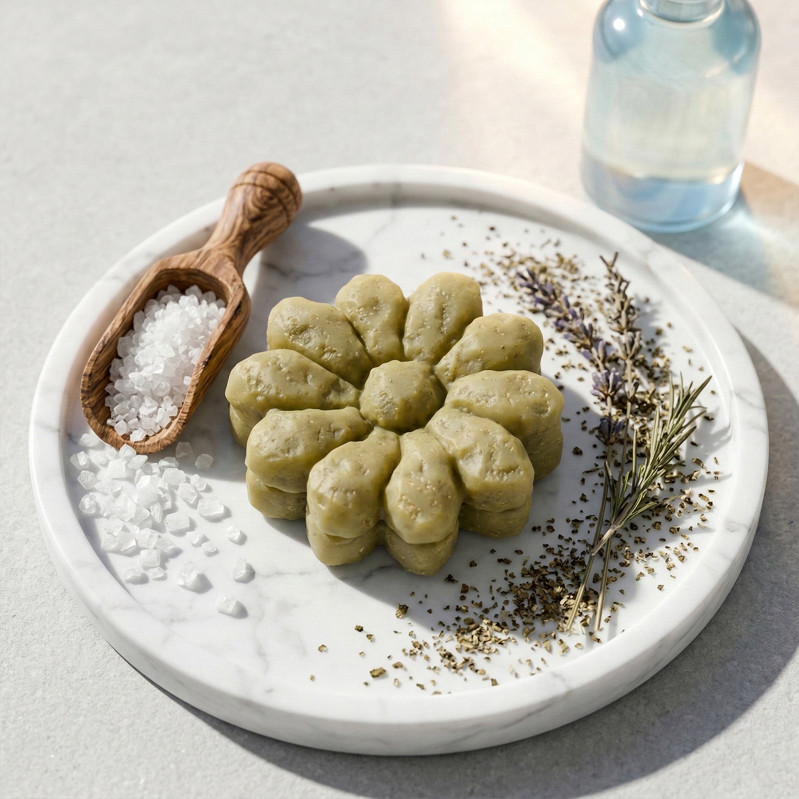Green flower-shaped soap displayed on a marble tray with bath salts and dried herbs - Boowan Nicole