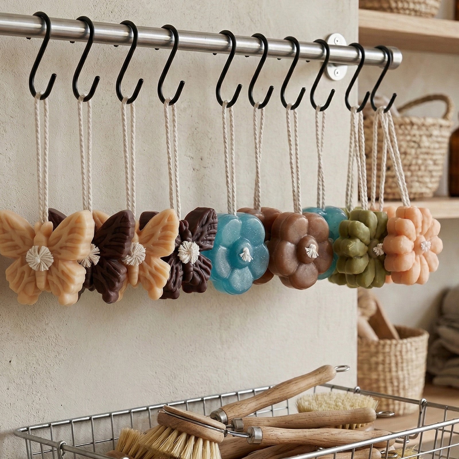Assortment of hanging flower and butterfly-shaped soaps in various colors on a wooden rack - Boowan Nicole