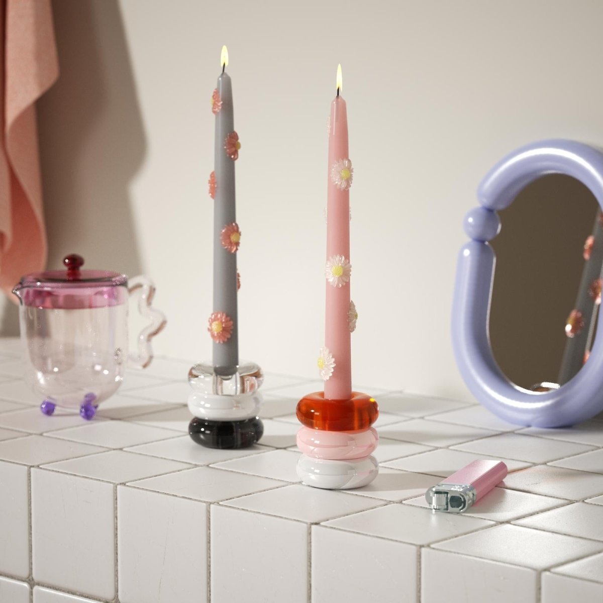 BLOSSOM Taper Candle Daisy Delight - Set of 2 Petal Pink & Mist Gray - Long VersionCandleC0281-[3]