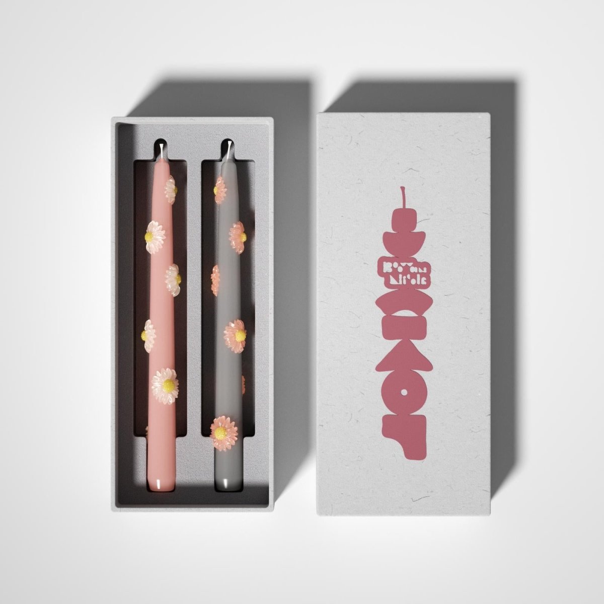 BLOSSOM Taper Candle Daisy Delight - Set of 2 Petal Pink & Mist Gray - Long VersionCandleC0281-[3]