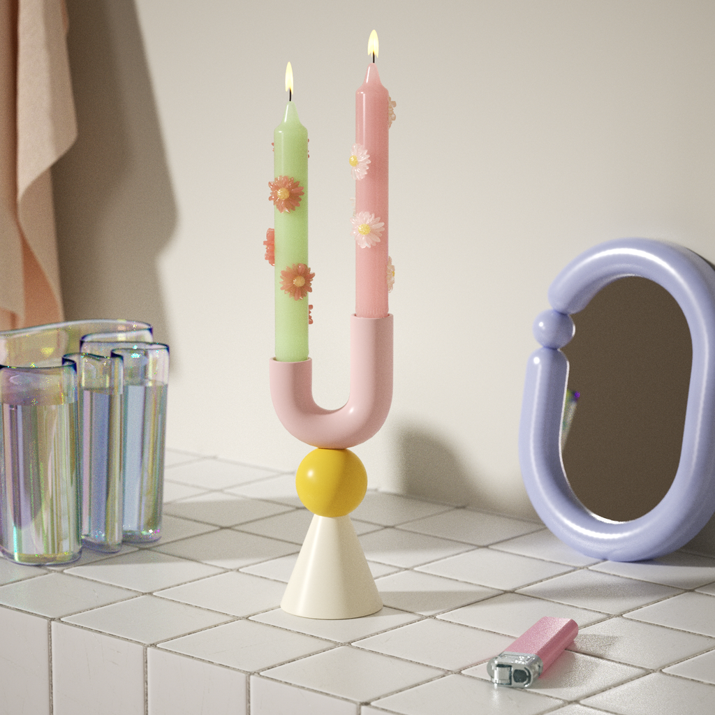 Daisy taper candles in pastel U-shaped holder, playful and modern decor piece for stylish interiors