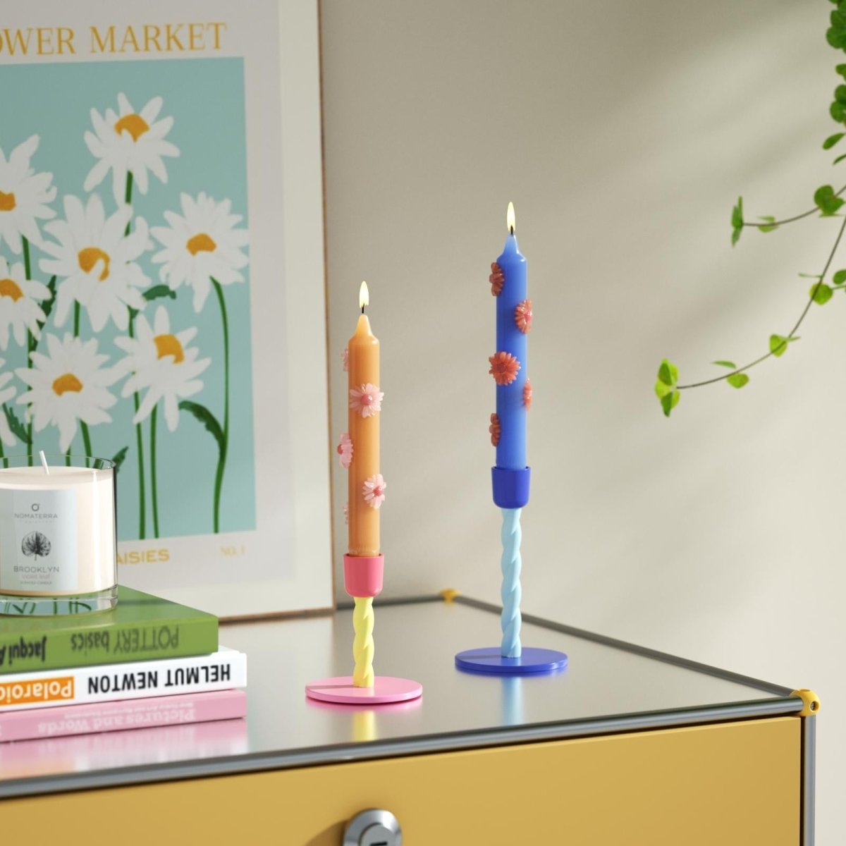 BLOSSOM Taper Candle Daisy Delight - Set of 2 - Sunset Orange & Deep BlueCandleC0282-[1]