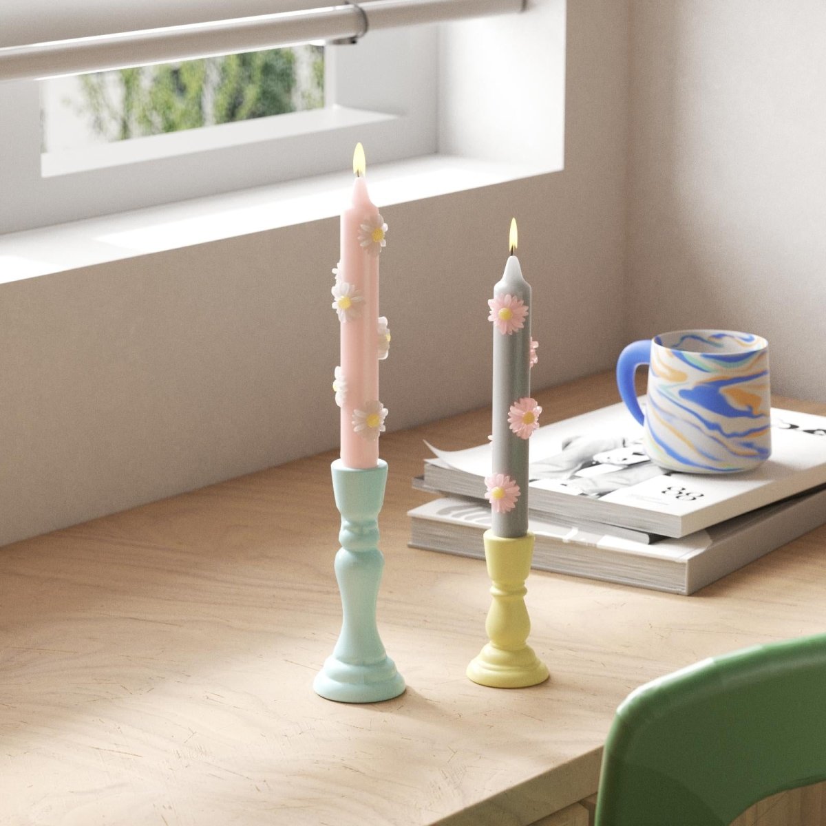 BLOSSOM Taper Candle Daisy Delight - Set of 2 Petal Pink & Mist Gray - Short VersionCandleC0282-[3]