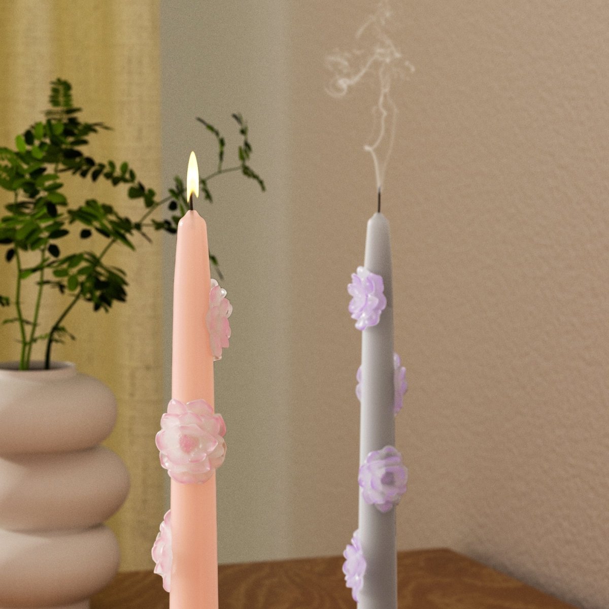 BLOSSOM Taper candle Camellia Mists Fade - Set of 2 Petal Pink & Mist Gray - Long VersionCandleC0283-3
