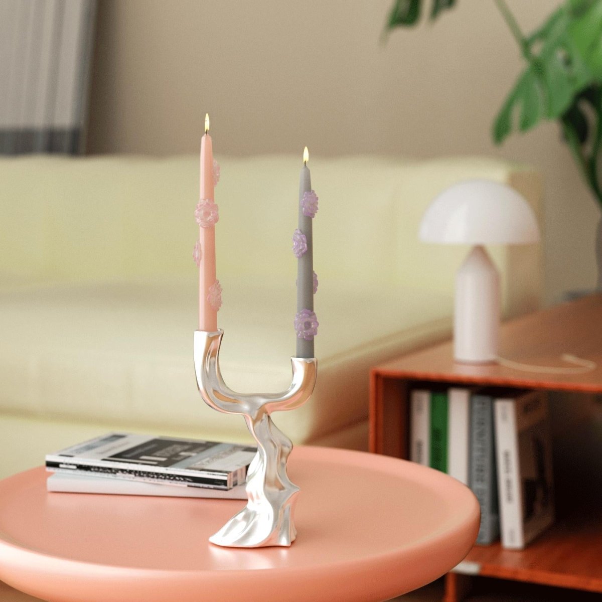 BLOSSOM Taper candle Camellia Mists Fade - Set of 2 Petal Pink & Mist Gray - Long VersionCandleC0283-3