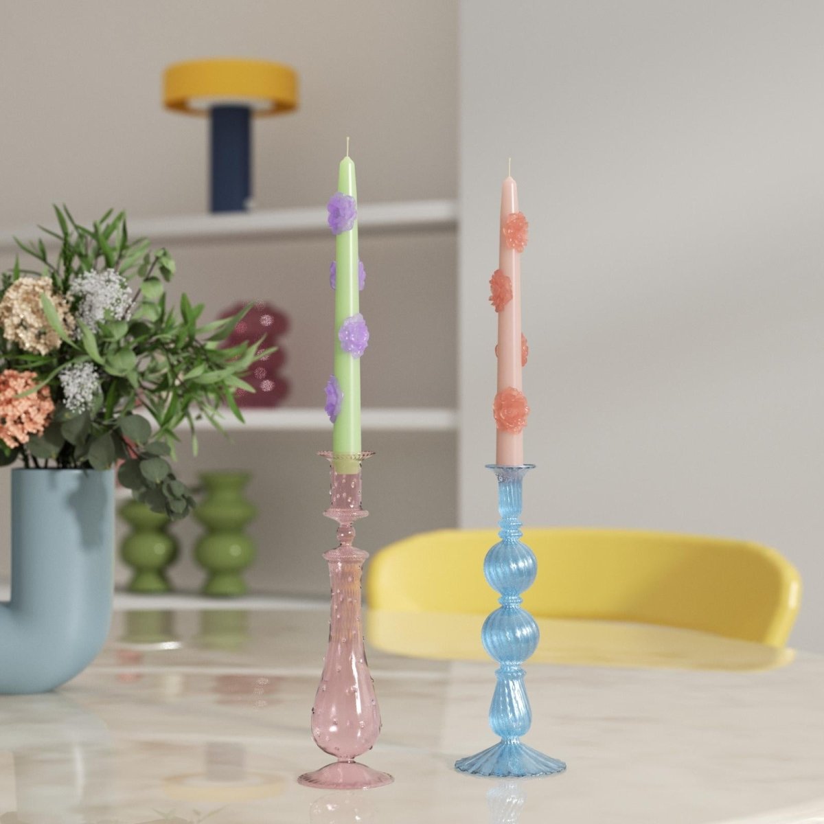 BLOSSOM Taper candle Camellia Mists Fade - Set of 2 - Petal Pink & Spring Leaf Green - Long VersionCandleC0283-5