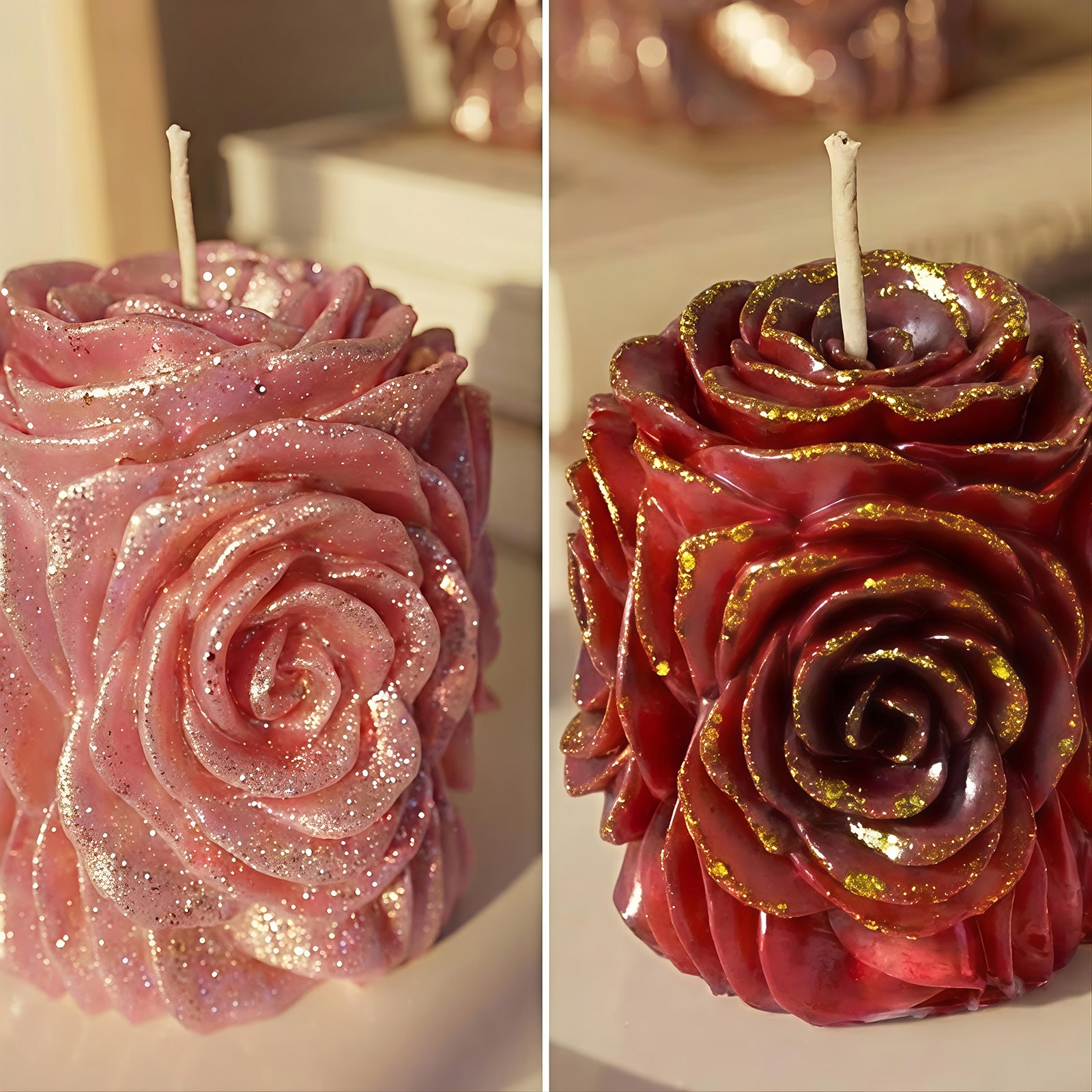 Pink and red pearlescent rose pillar candles with shimmering floral texture. - Boowan Nicole