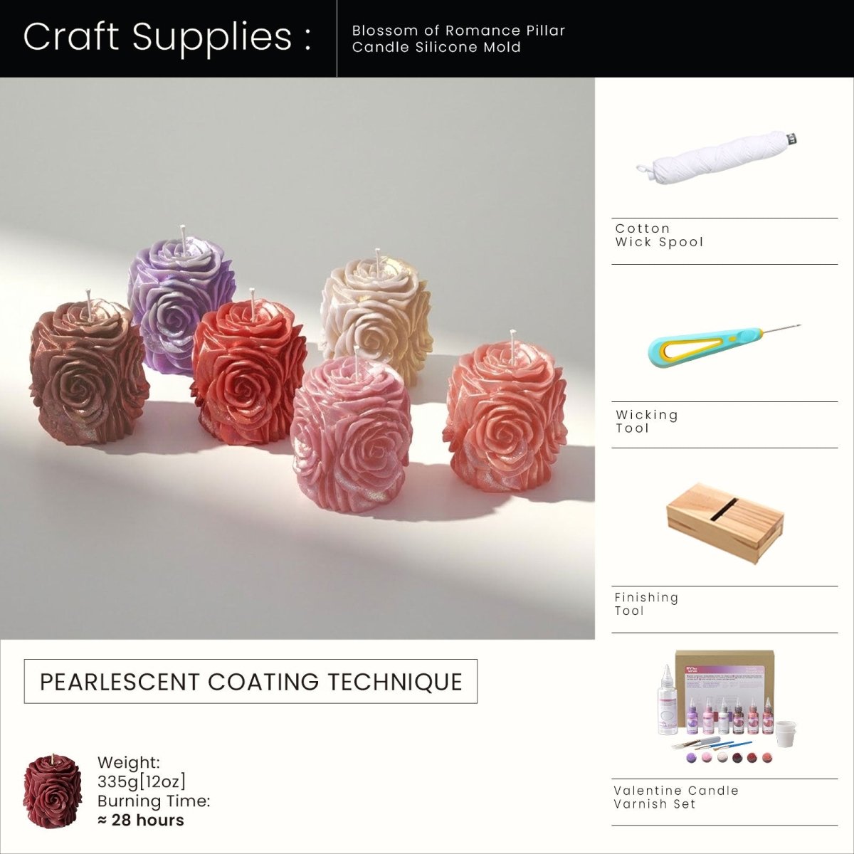 Rose pillar candles with pearlescent finish made using silicone mold and tools. - Boowan Nicole