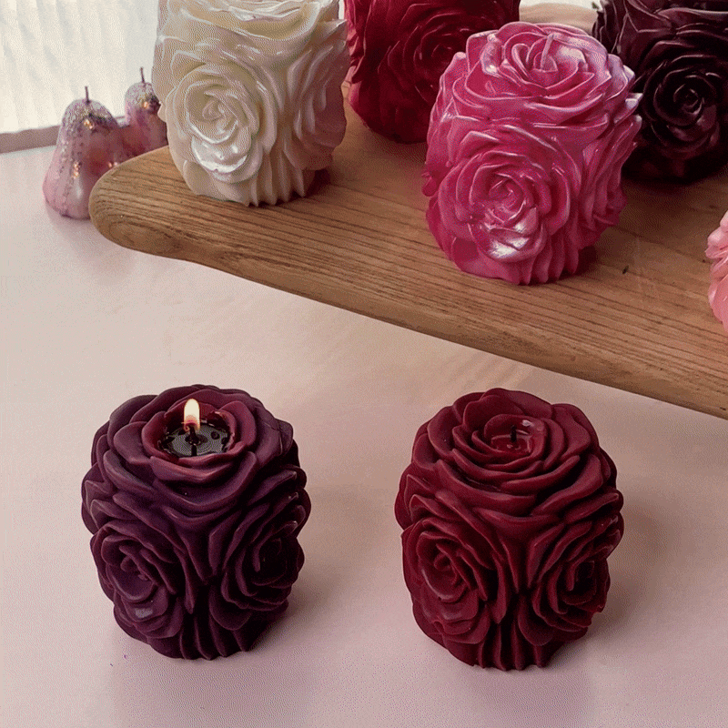 Rose pillar candles shown before and after lighting, decorative floral design. - Boowan Nicole