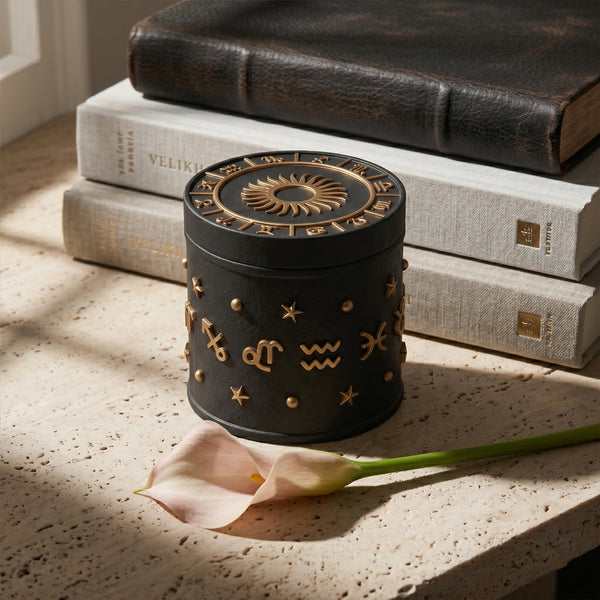 Black Zodiac Candle Jar with Gold Accents - Gothic Celestial Home Decor for Astrology Lovers - Boowan Nicole