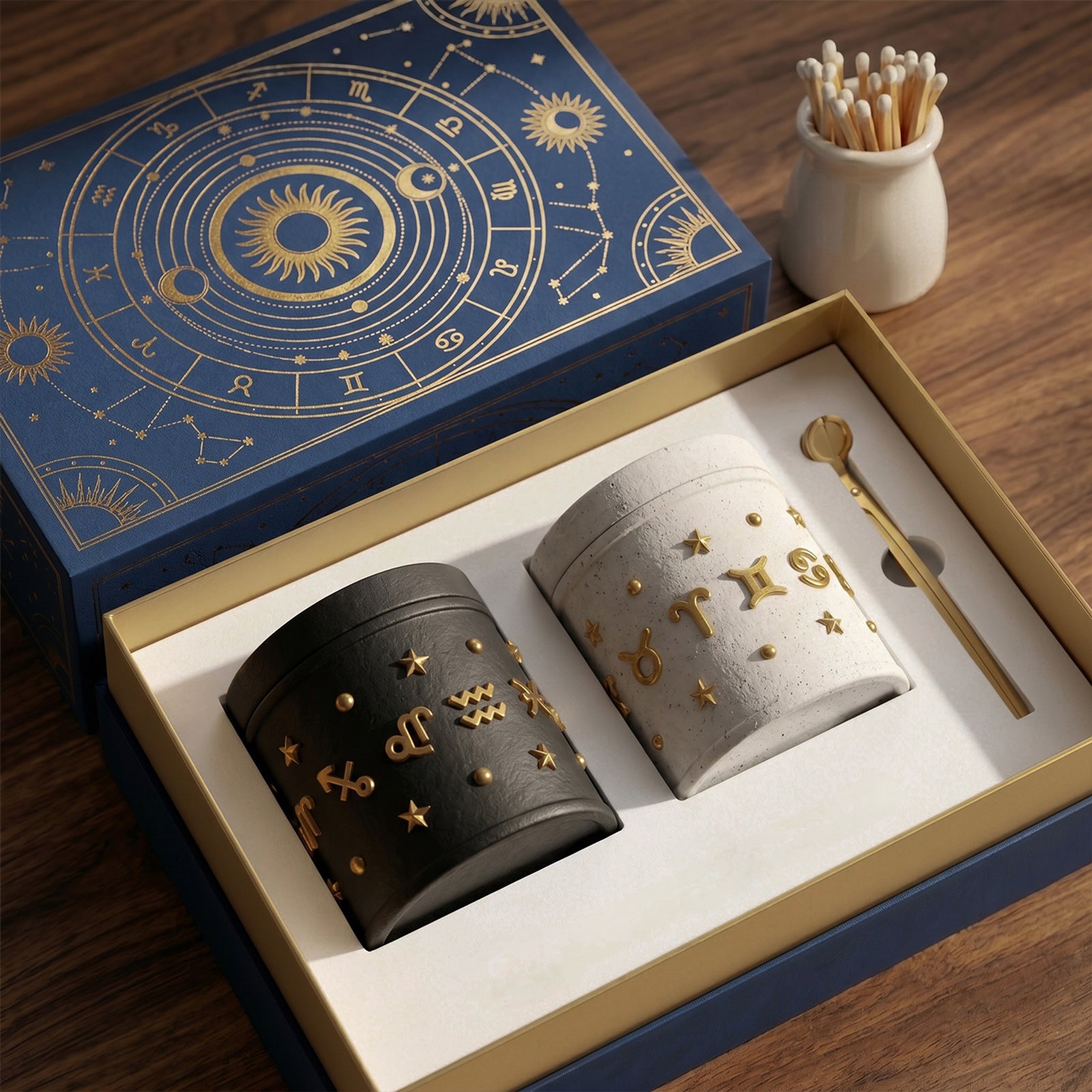 Zodiac Candle Jar Gift Set - Black & White Celestial Vessels with Gold Spoon - Boowan Nicole