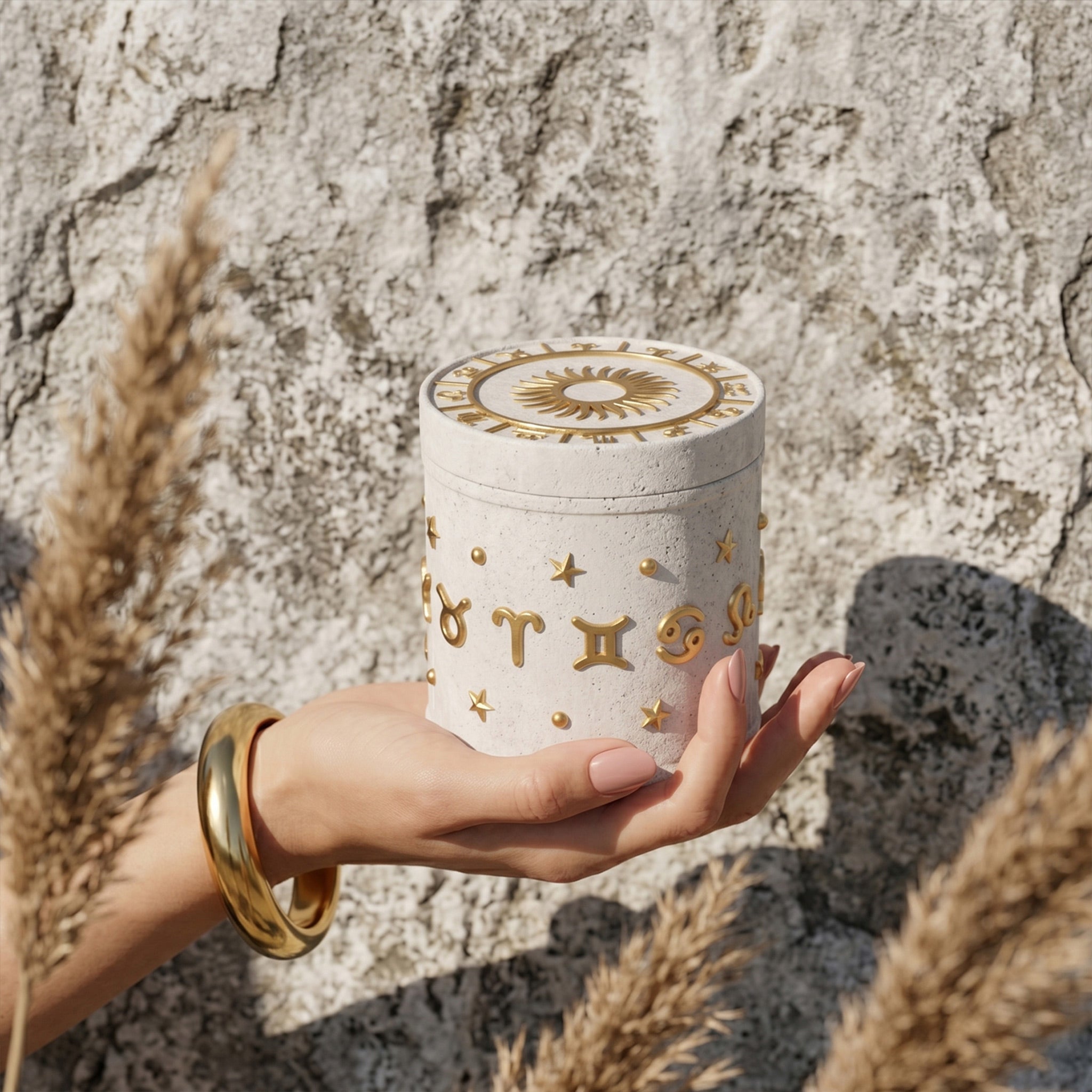 White Zodiac Candle Jar with Gold Details - Minimalist Celestial Home Decor - Boowan Nicole