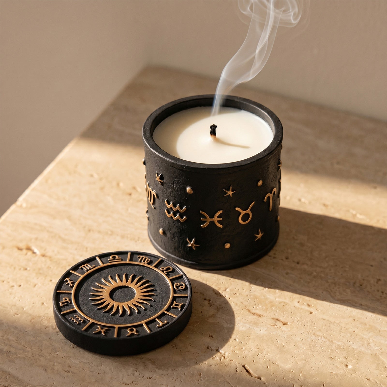 Burning Black Zodiac Candle Jar - Scented Soy Candle with Celestial Design - Boowan Nicole
