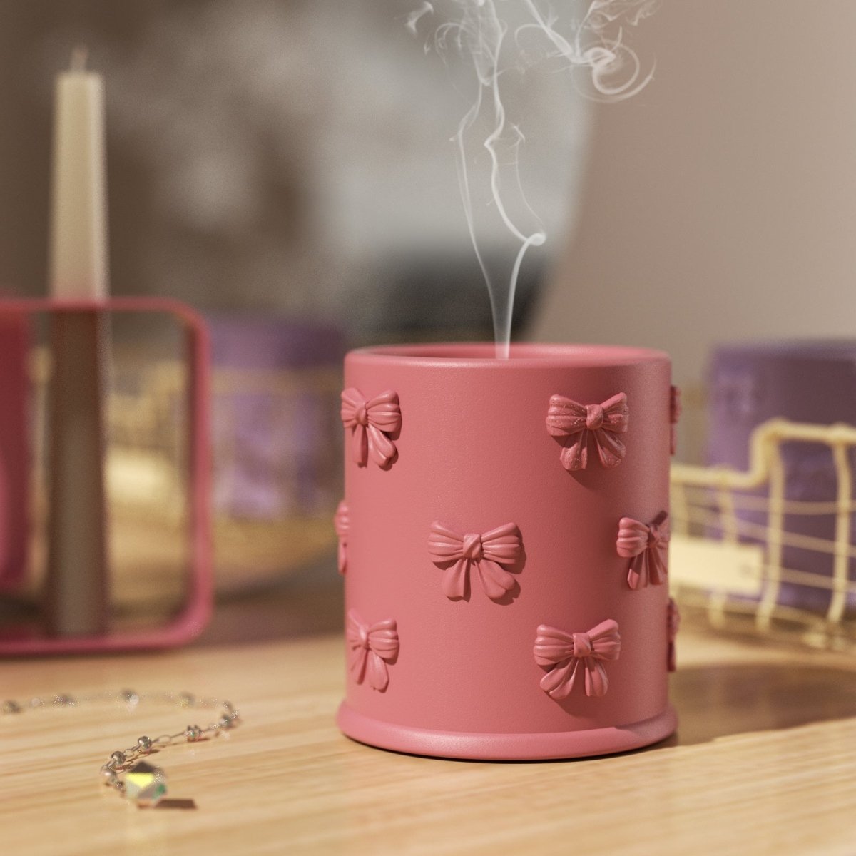 Pink bowknot candle jar with smoke curling up after extinguishing, creating a cozy atmosphere — perfect for home decor and handmade charm-Boowan Nicole
