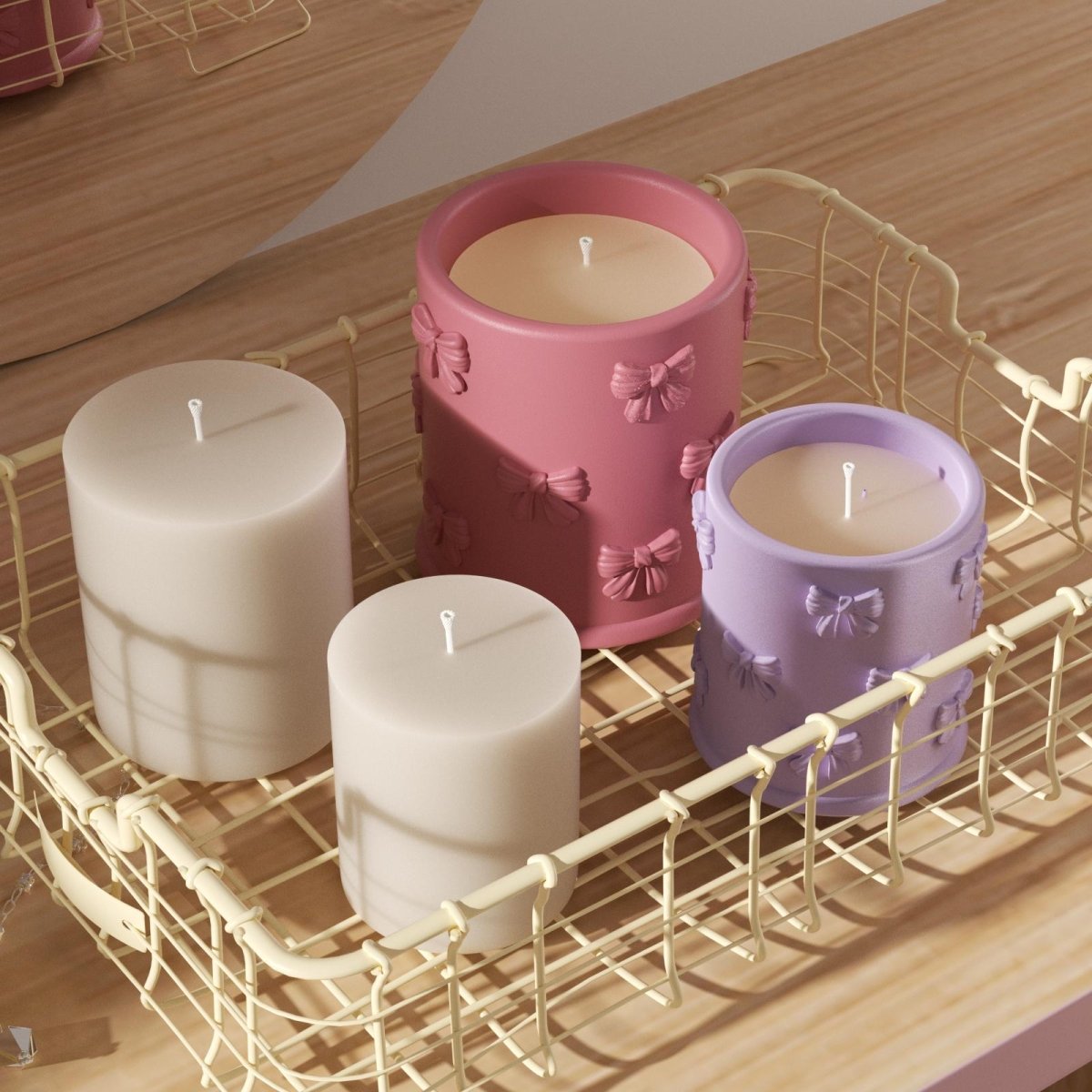 Purple and pink bowknot candle jars with refill inserts, neatly stored in a yellow basket — handmade using Boowan Nicole silicone molds.