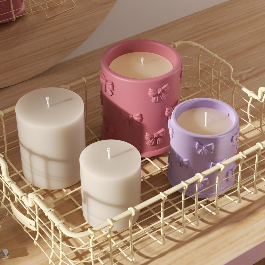 Purple and pink bowknot candle jars with refill inserts, neatly stored in a yellow basket — handmade using Boowan Nicole silicone molds.