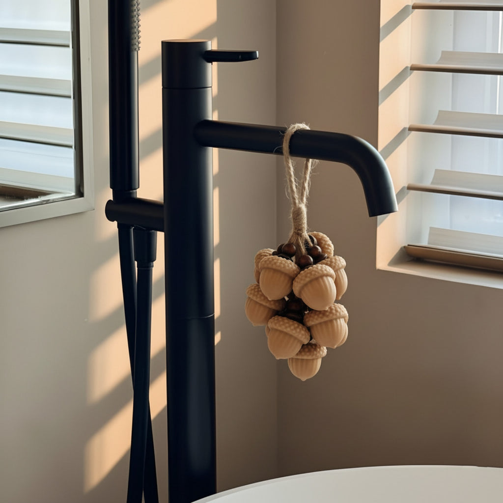 Bubbly Acorn Bunch cluster soap hanging from a matte black tub faucet—rope and wooden beads, warm bathroom window light - Boowan Nicole
