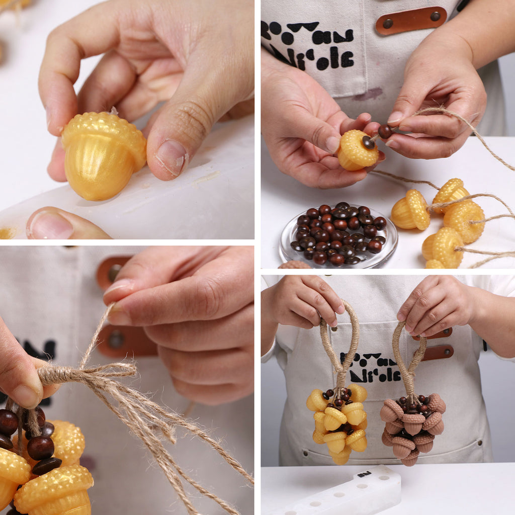 Hands assembling acorn soap garlands: close-ups of threading and knotting with finished bunches shown side by side - Boowan Nicole