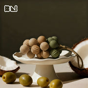 Olive and sand ribbed hanging soap cluster on a white pedestal plate, grape-style bundle with jute loop — BN.