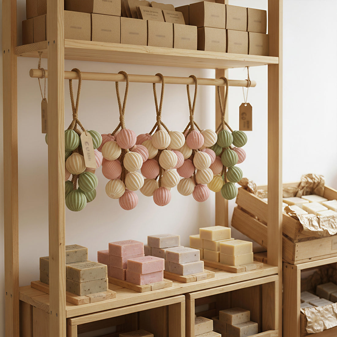 Pastel hanging soap clusters on wooden shelf—pink, cream, and sage grape-style bundles - Boowan Nicole