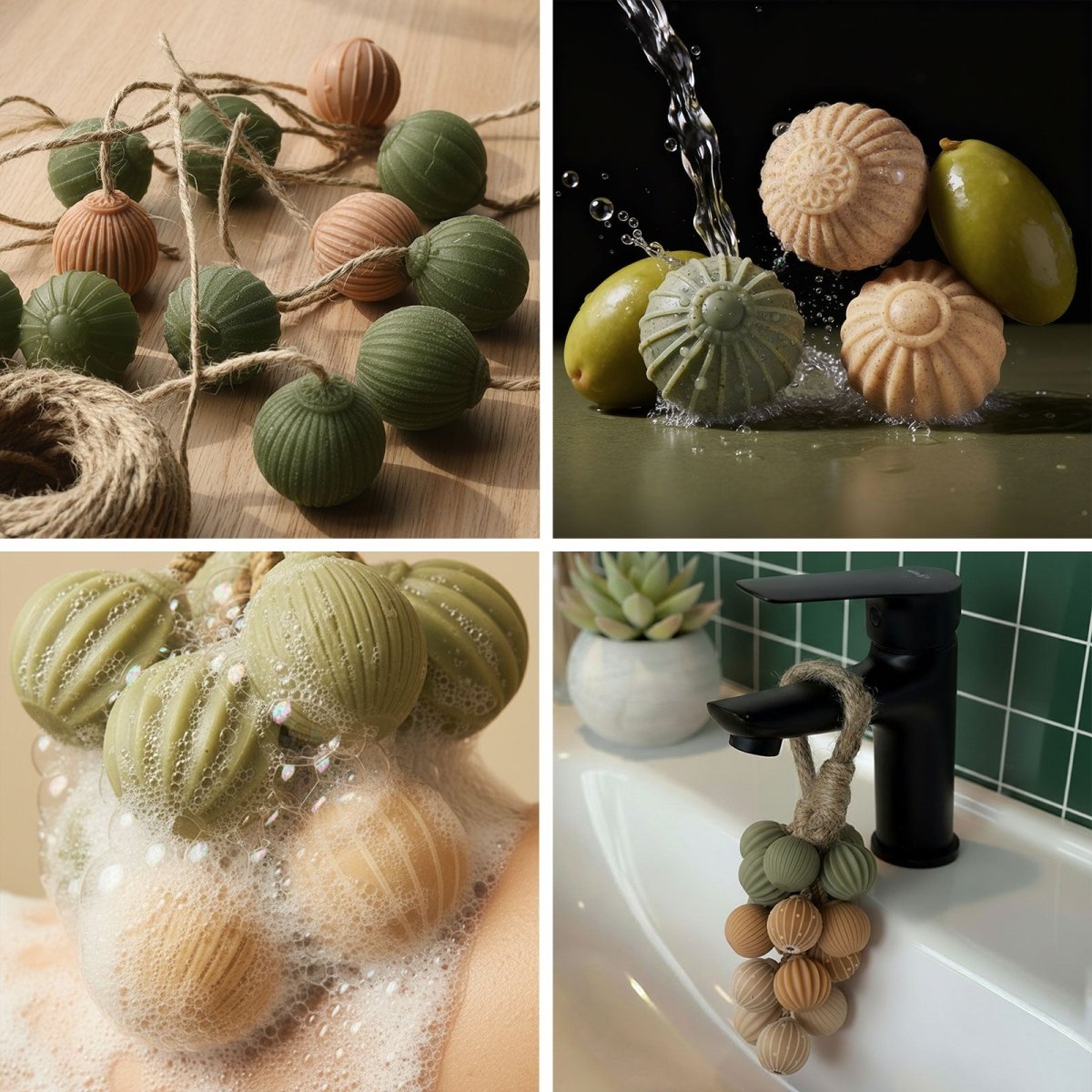 Ribbed mini ball hanging soaps—threaded, rinsed, lathered, and shown hanging on a faucet - Boowan Nicole