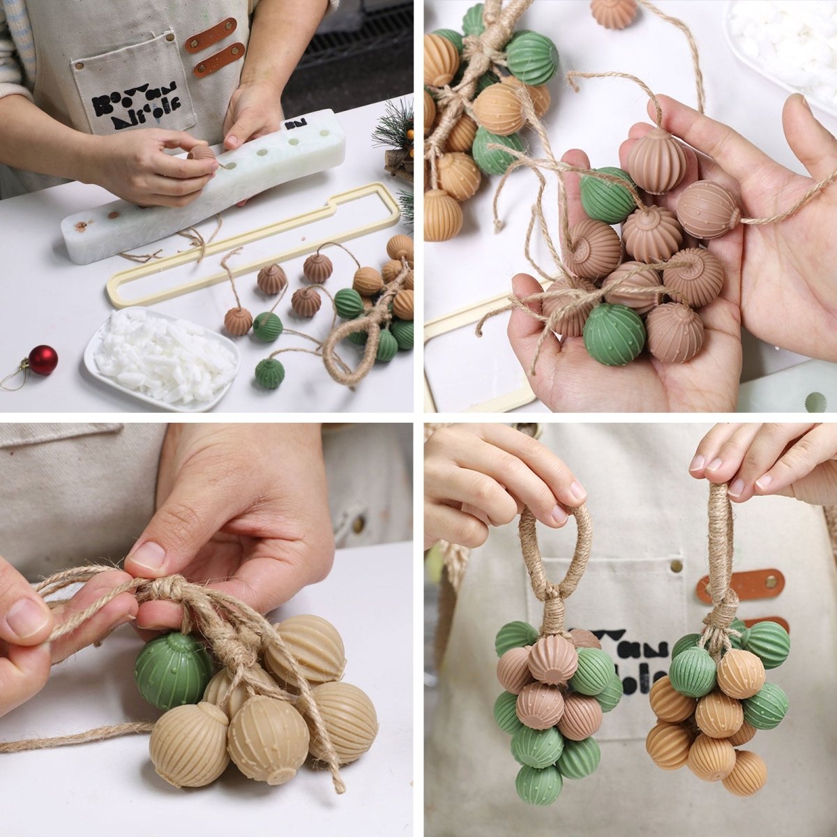 DIY collage: pouring, threading, and tying ribbed mini ball soaps into grape-style hanging clusters—green and sand colorways - Boowan Nicole