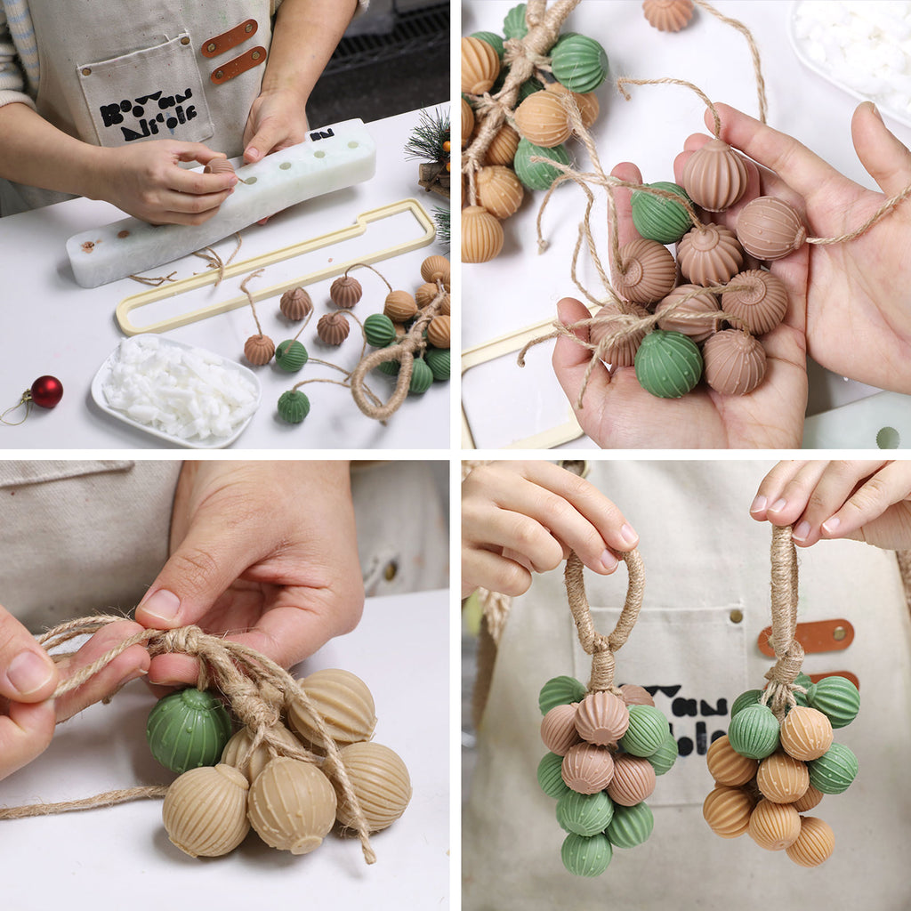 DIY collage: pouring, threading, and tying ribbed mini ball soaps into grape-style hanging clusters—green and sand colorways - Boowan Nicole