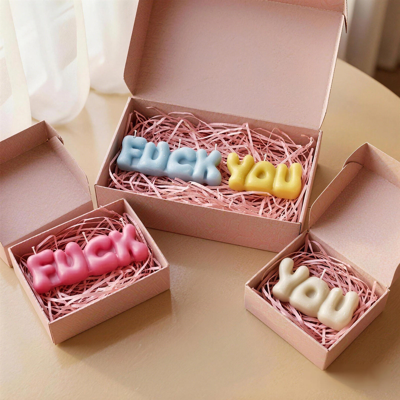 Assorted Color FUCK & YOU Bubble Letter Scented Candles in Gift Boxes - Boowan Nicole
