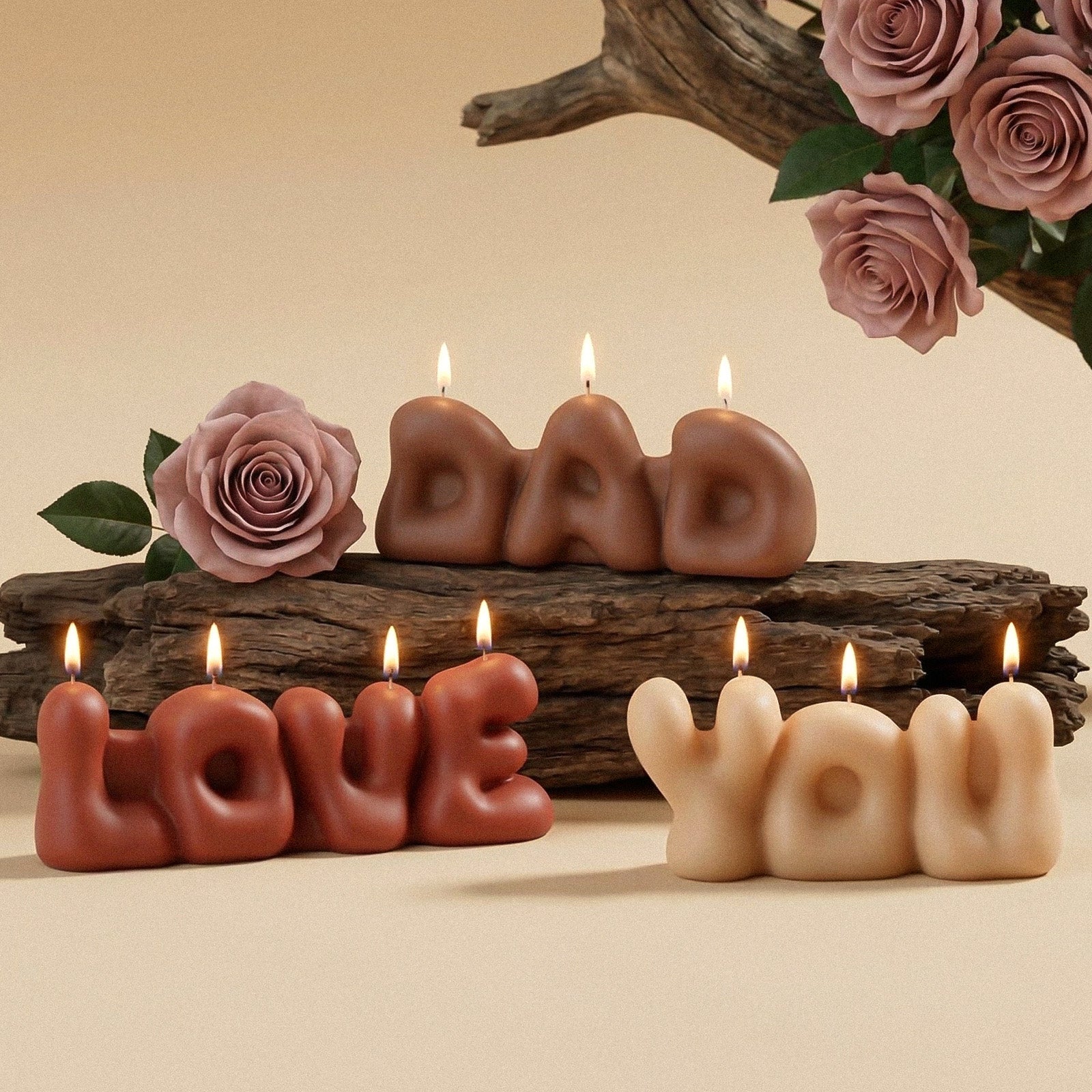 Lit LOVE YOU DAD Bubble Letter Scented Candles with Rose Decor - Boowan Nicole