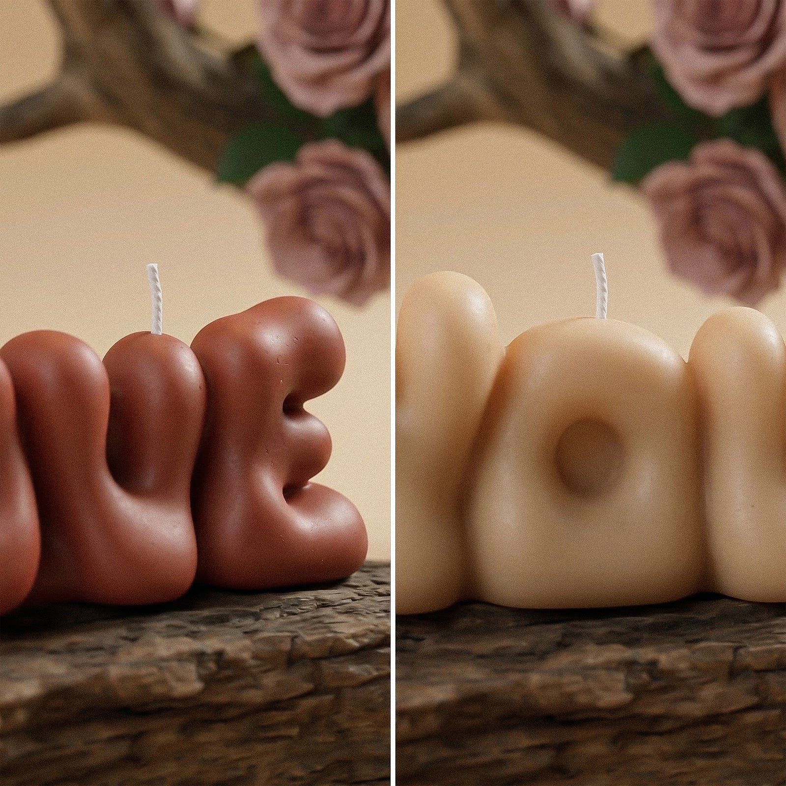 Close-up of Unlit LOVE & YOU Bubble Letter Scented Candles - Boowan Nicole