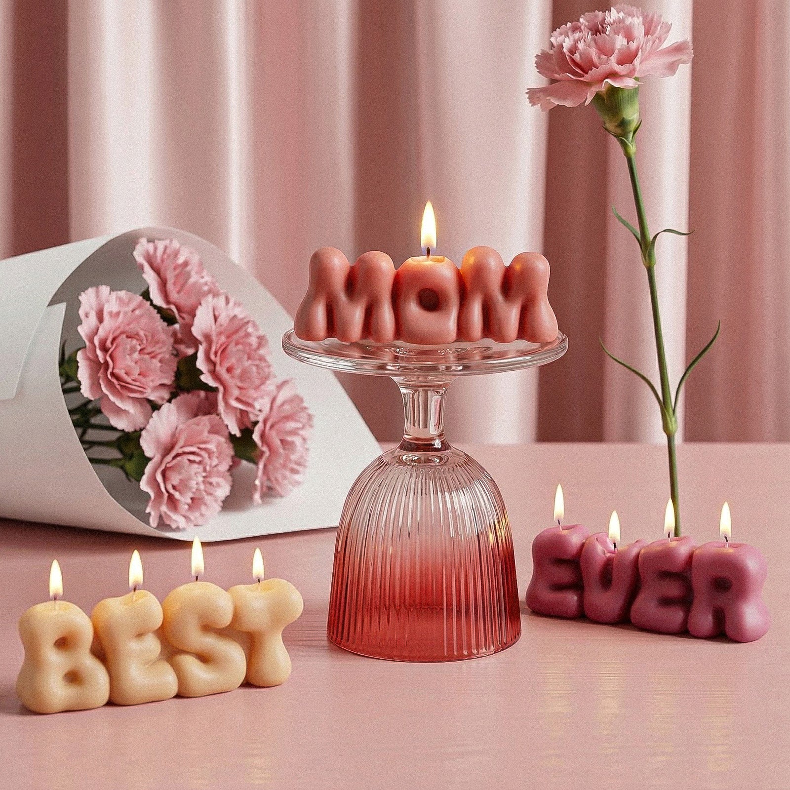Lit Best Mom Ever Bubble Letter Candles with Carnations & Roses - Boowan Nicole