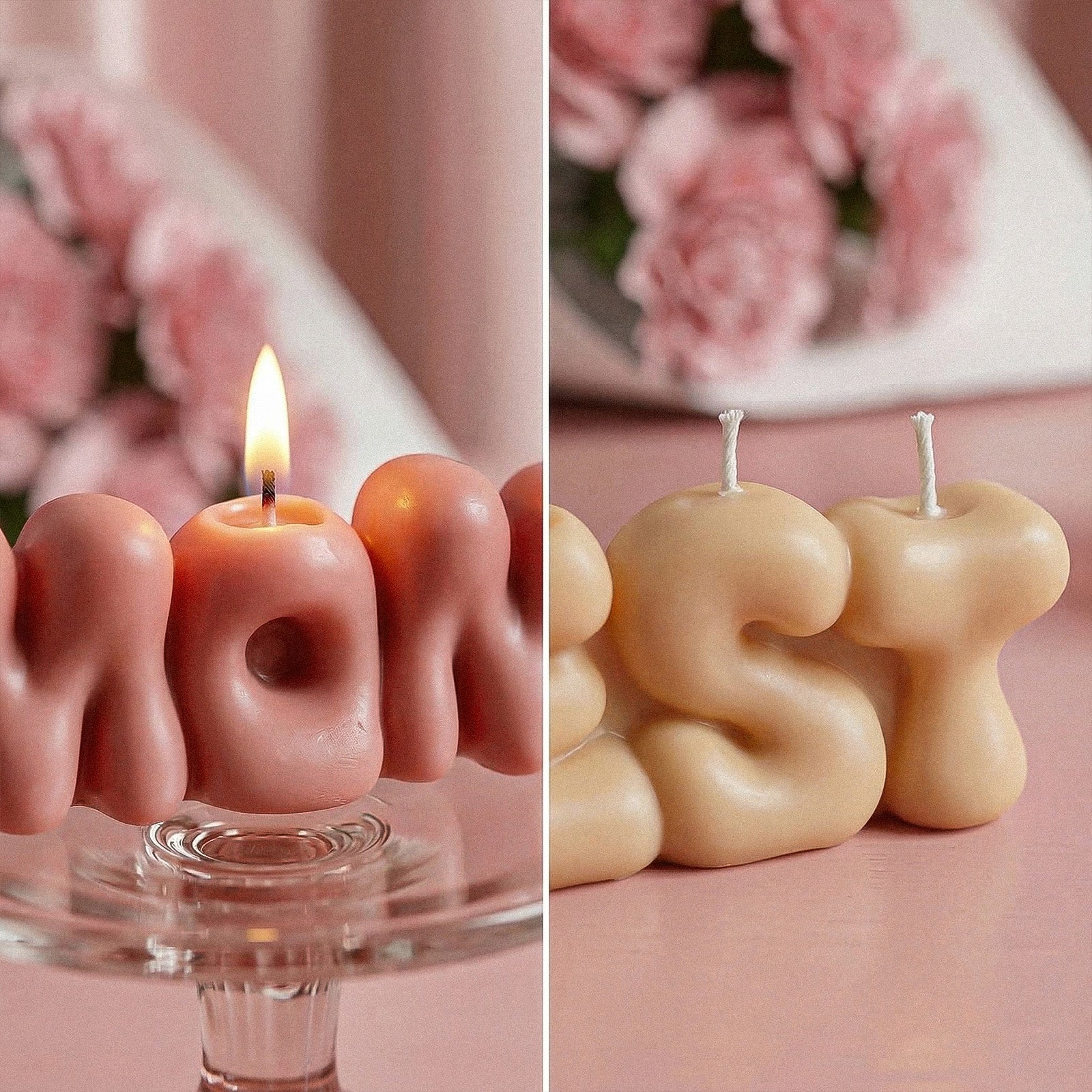 Close-up of Lit Mom & Best Bubble Letter Candles - Boowan Nicole