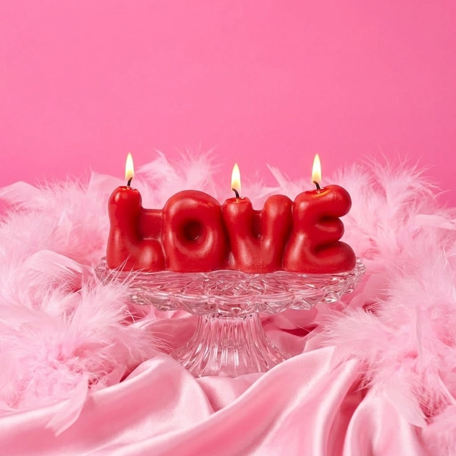 Lit red "LOVE" bubble letter candle on a crystal stand, surrounded by pink feathers and satin fabric, against a pink backdrop. -Boowan Nicole