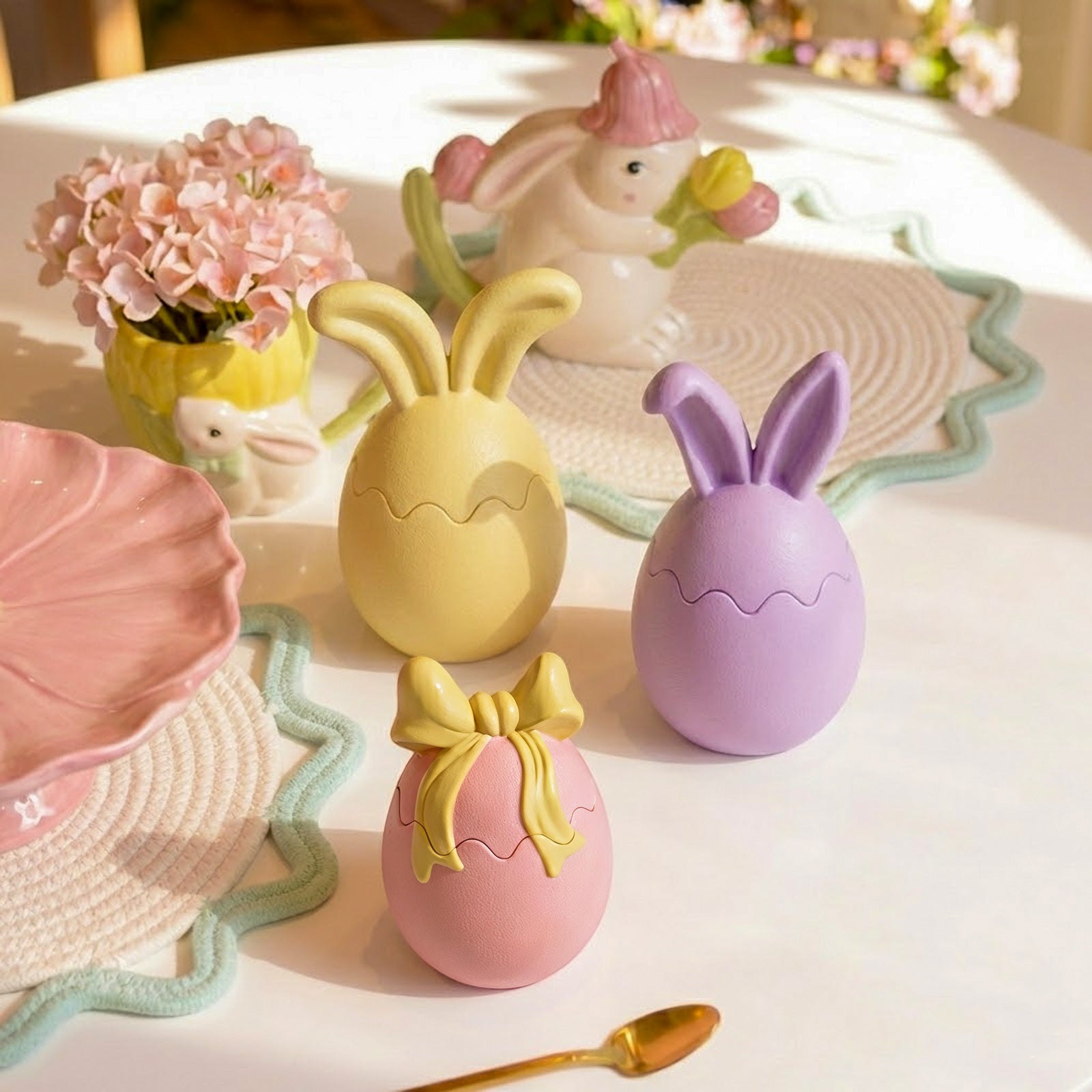 Pastel bunny ear egg-shaped candle jars on a decorated dining table, charming Easter table setting -Boowan Nicole