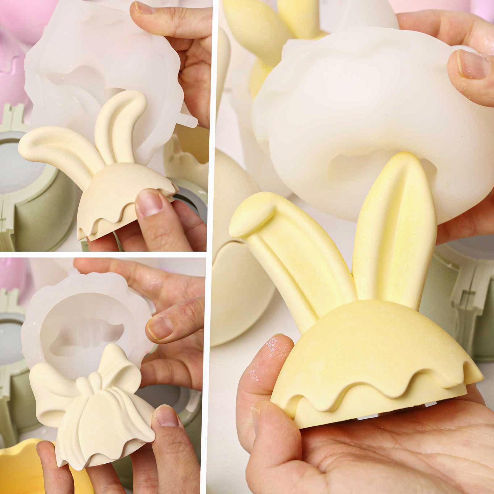 Demolding bunny ear and bow lid components from silicone molds for candle jars -Boowan Nicole