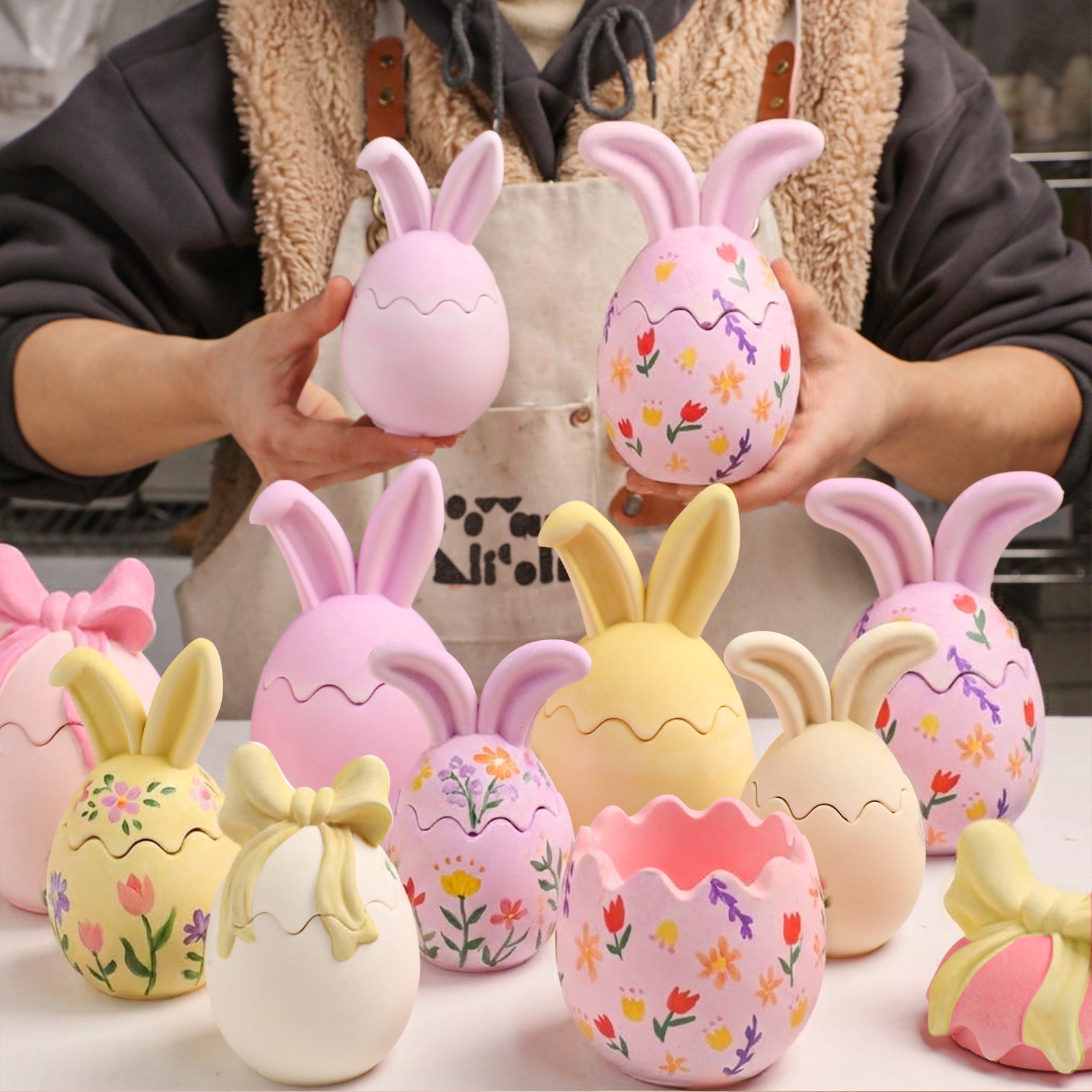 Hand-painted floral bunny ear egg-shaped candle jars, artisanal Easter decor -Boowan Nicole