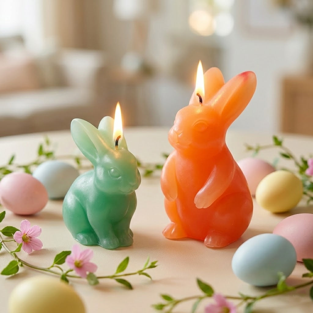 Lit green sitting bunny and orange standing bunny candles surrounded by colorful Easter eggs and pink flowers - Boowan Nicole