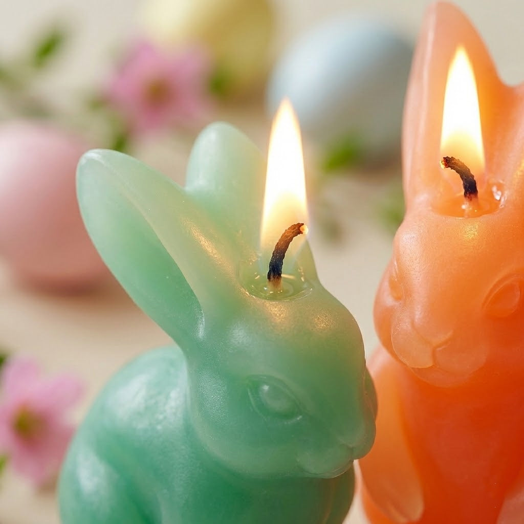Close-up of burning green and orange bunny-shaped candles with detailed rabbit features - Boowan Nicole