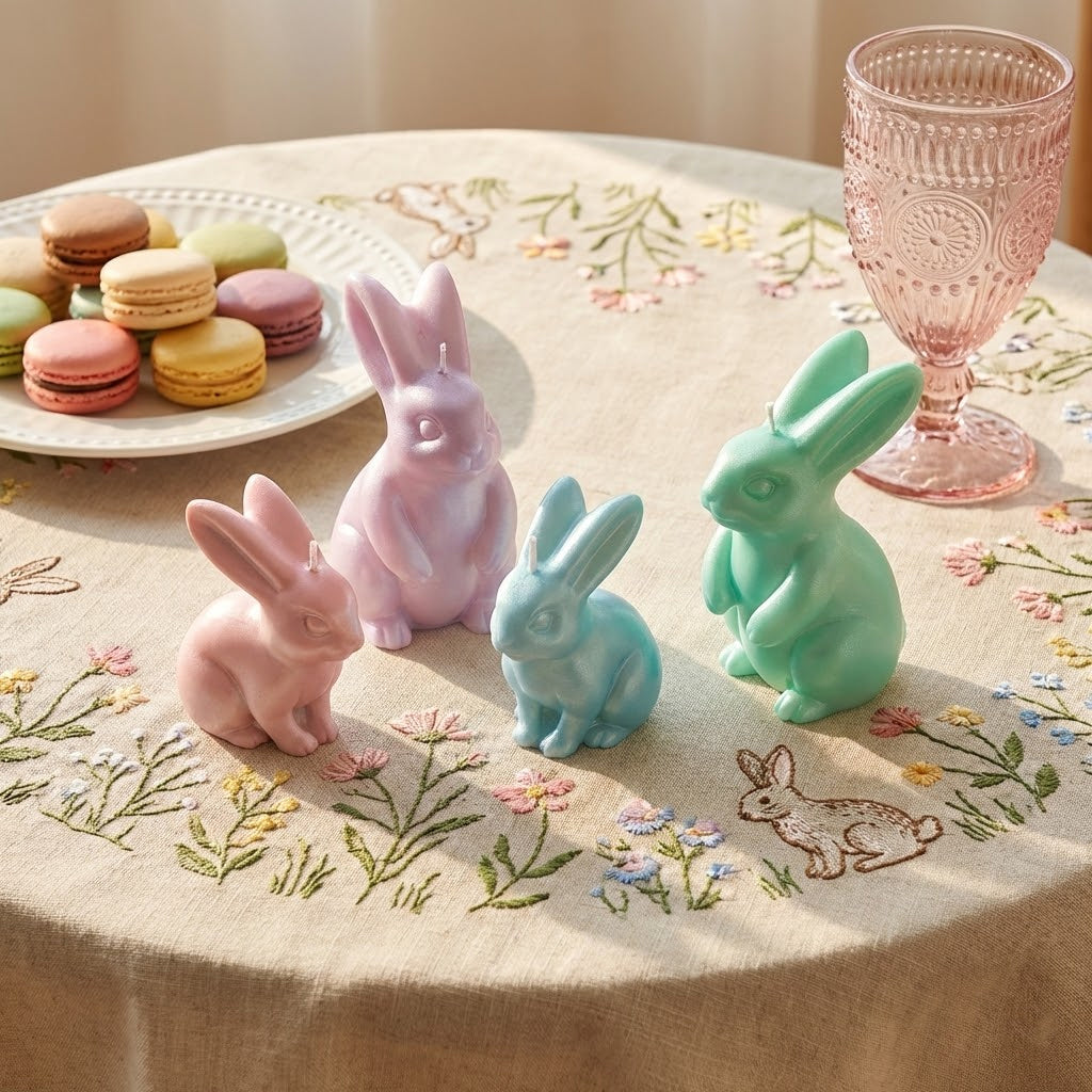 Four pastel iridescent bunny candles (pink, purple, blue, green) on a floral embroidered tablecloth with macarons - Boowan Nicole