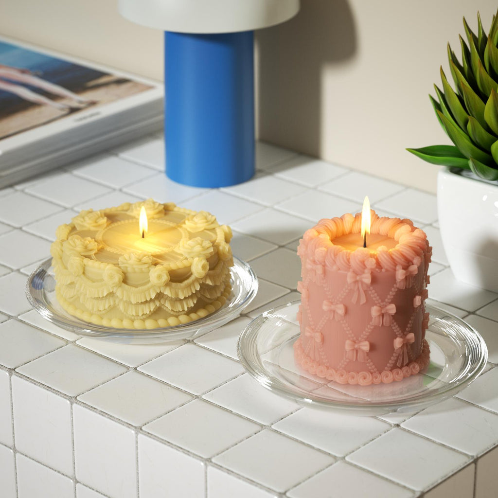 Yellow colorful bow and pink vintage curtain rose cake candle with glass tray-Boowan Nicole