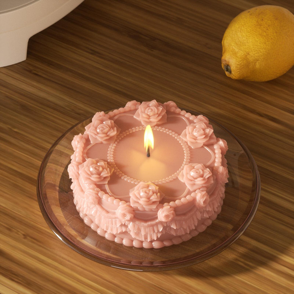 Lit pink curtain rose cake candle with glass tray creates a more romantic ambiance-Boowan Nicole