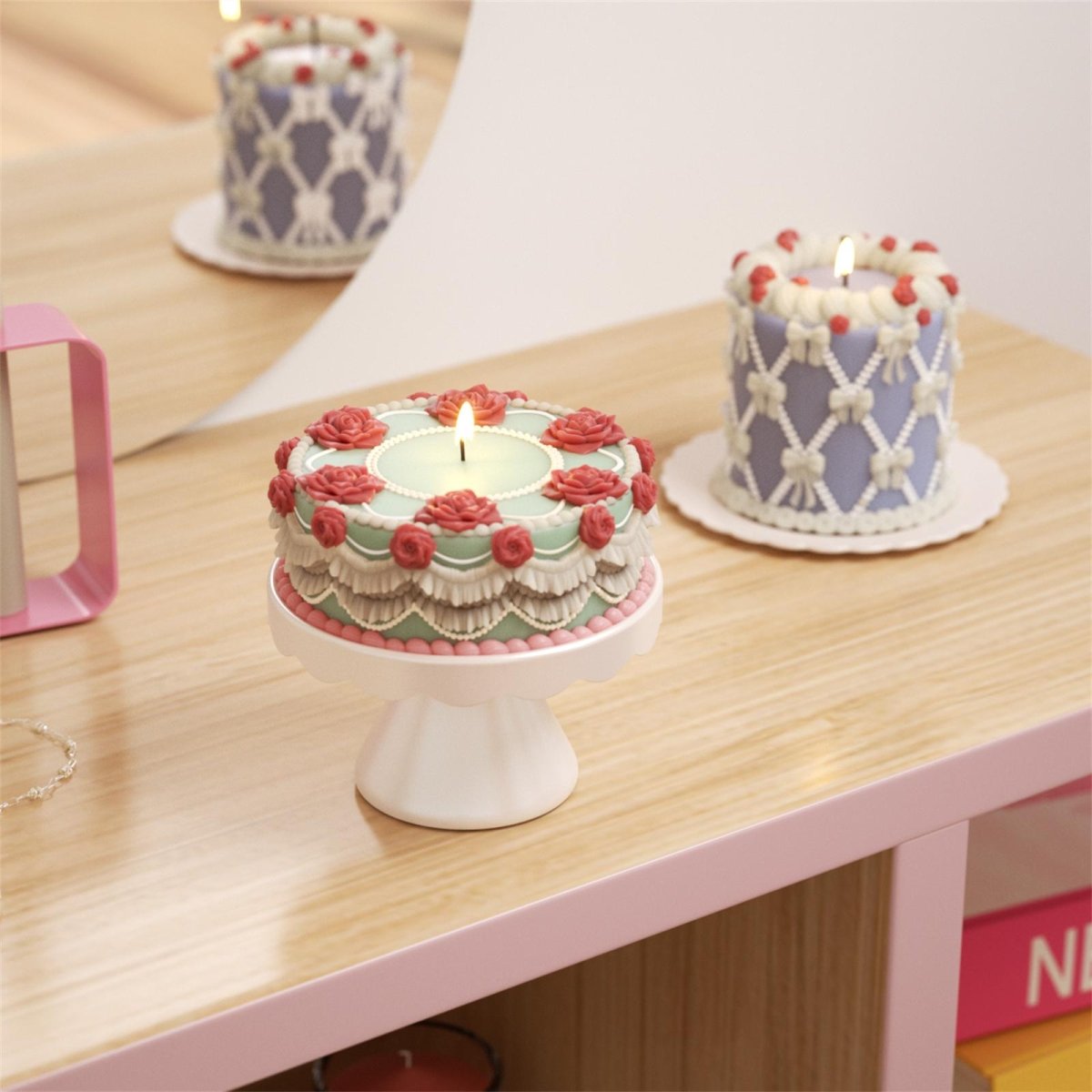 Colorful bow and vintage curtain rose cake candles add a touch of color to the space-Boowan Nicole