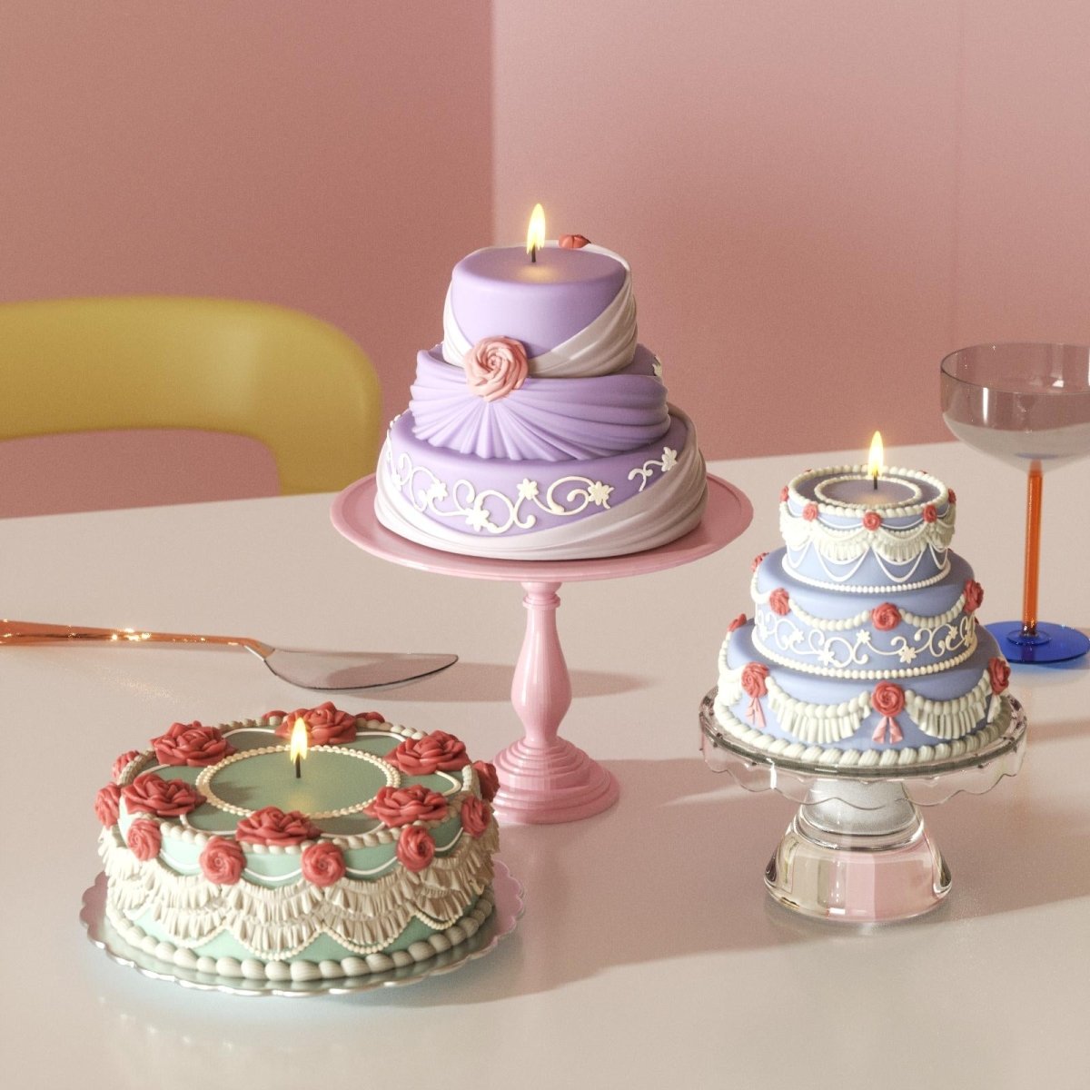 Set of pastel cake candles with floral details and elegant tiered designs, perfect for decor-Boowan Nicole