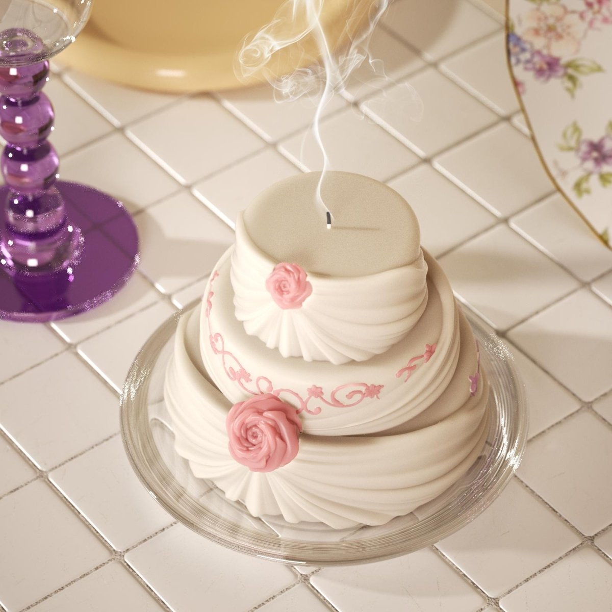 Three-tier cake candle with pink roses and floral detailing, perfect for elegant decor-Boowan Nicole