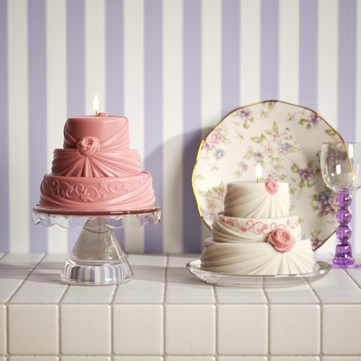 Three-tier cake candle with pink roses and floral is perfect for home decoration-Boowan Nicole