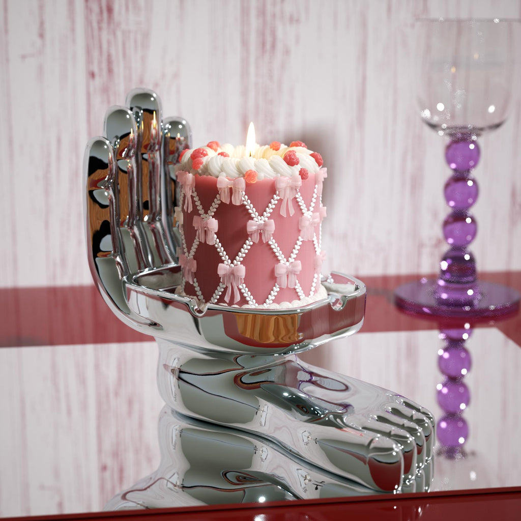Pink Hand-Painted Cake Candle with Metal Hand-Shaped Stand – Elevate Your Decor with Exquisite Luxury Details-Boowan Nicole